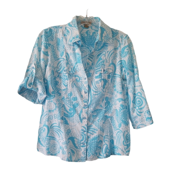 Peck&Peck Turquoise/Wht Paisley 100% Cotton 3/4 or ShortSleeve Button Down Shirt - Picture 2 of 7